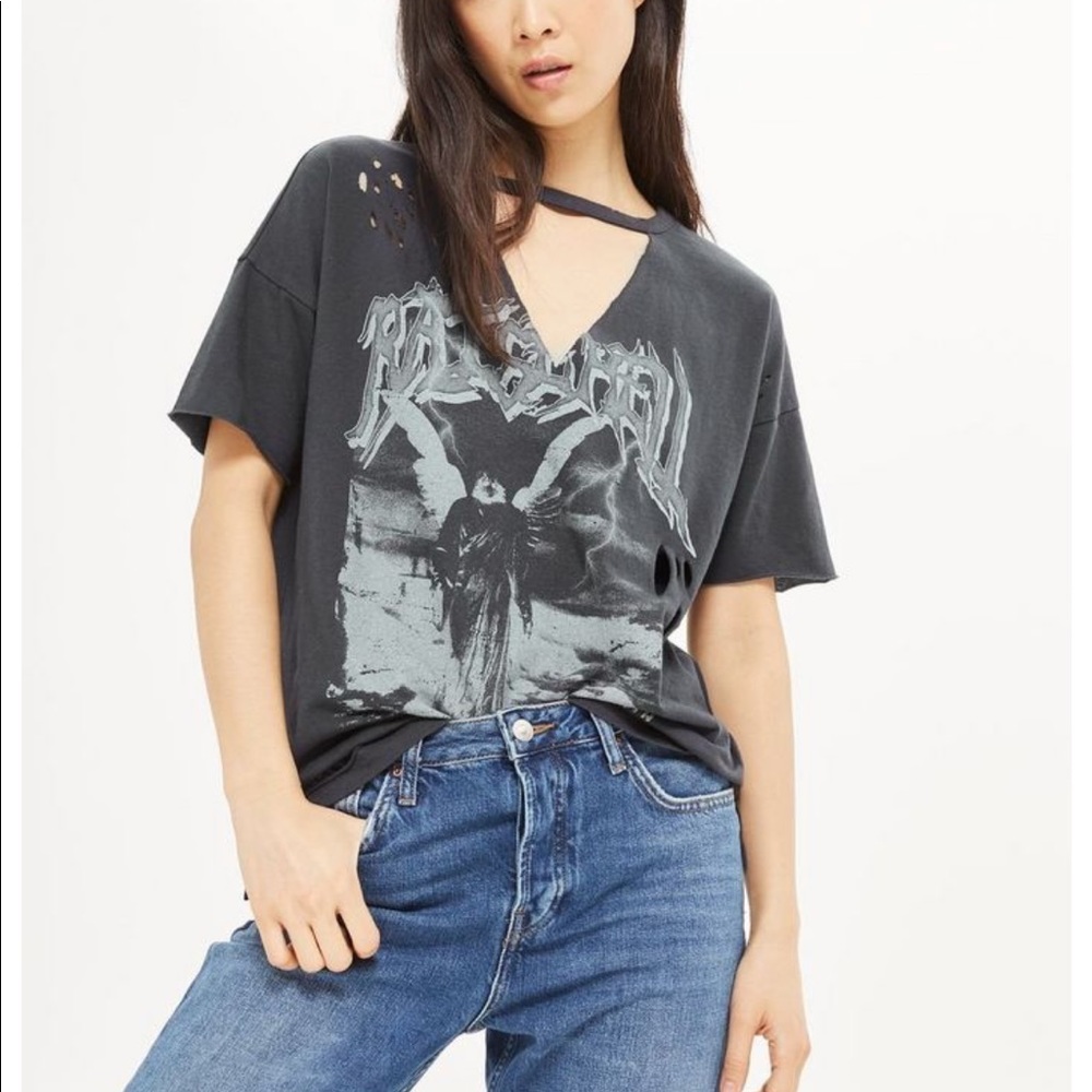 Topshop Raise Hell Distressed Graphic Tee Grunge Choker Top US 6 - Picture 10 of 10